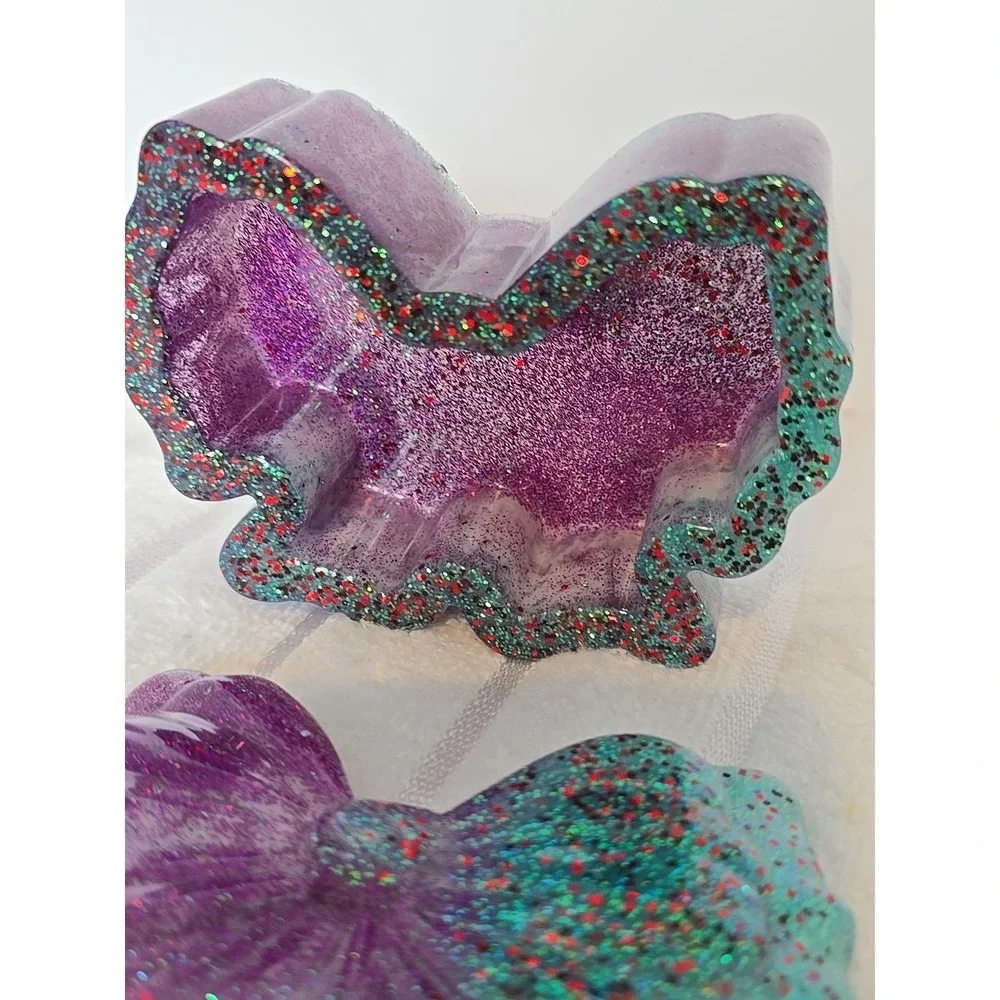 Handmade Resin Bow Shaped‎ Trinket Box With Lid Purple Green Glitter 769